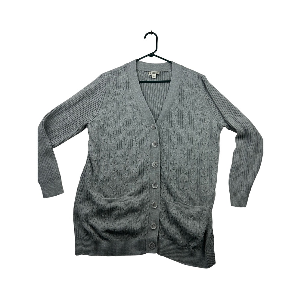 St Johns Bay Womens 1X Gray Cotton Cable Knit V-Neck Cardigan Pockets Grandpa